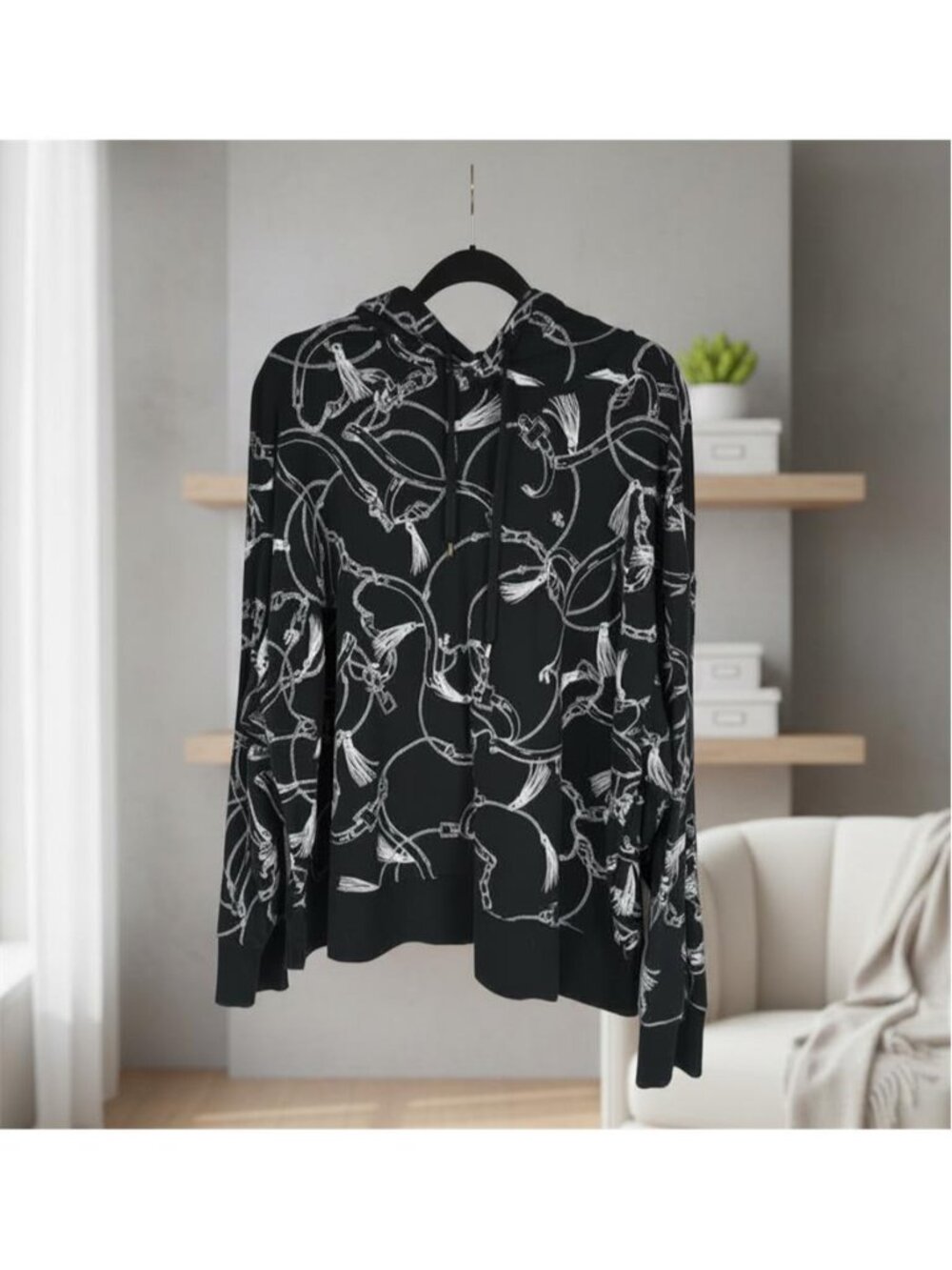 Lauren Ralph Lauren Black Chain Print Hooded Sweater Pullover RL Logo 2X - Picture 1 of 9